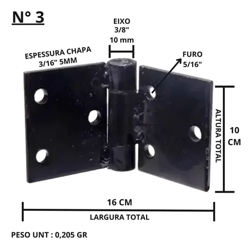 DOBRADIÇA QUADA. Nº 3 #1/4 ZINC. NOVA METAL.