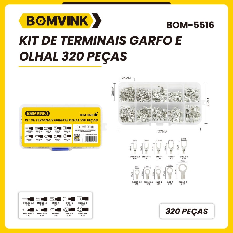 KIT TERMINAL ELETRICO GARFO E OLHAL 320 PÇS BOM-5516